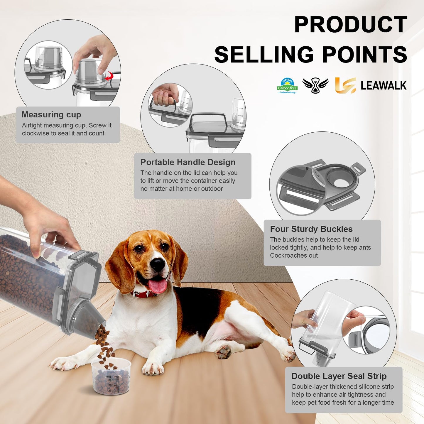 LEAWALK Contenedor de Almacenamiento de Comida para Mascotas (3 Qt / Negro Transparente)