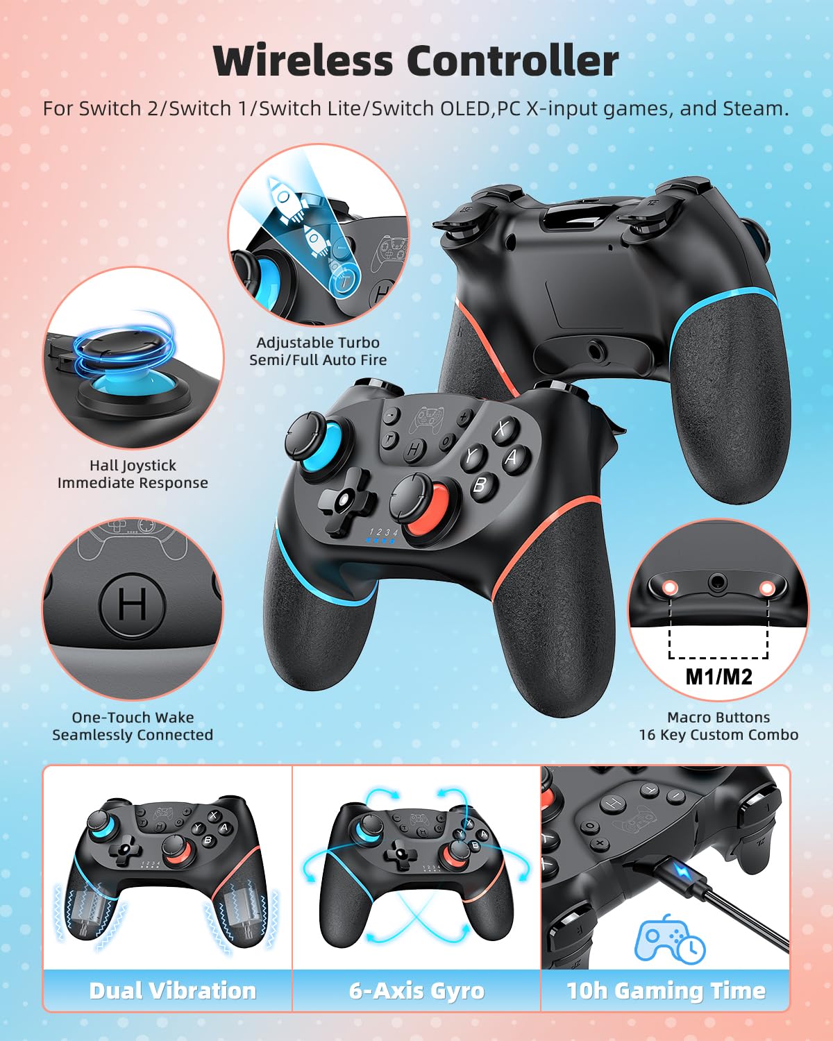 Pro Controller Accessories Bundle for Nintendo Switch 2, MENEEA 21-in-1 Kits: Wireless Controllers,Carrying Case,Controller Charger Dock,Grips for Joy Con,Steering Wheels for Mario Kart,Protective Cover for Switch 2 for Sega Master System Games