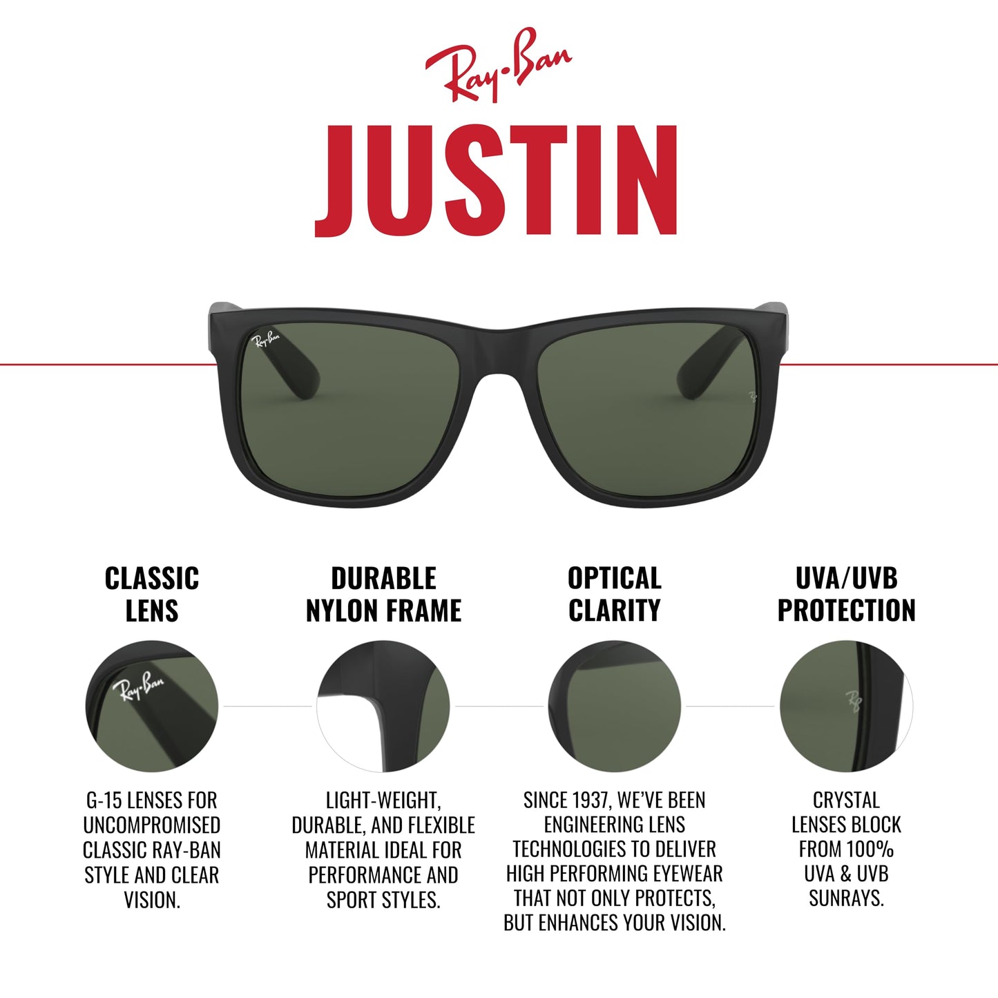 Ray-Ban Lentes de Sol Cuadrados Justin RB4165 para Hombre (Negro / 55MM)