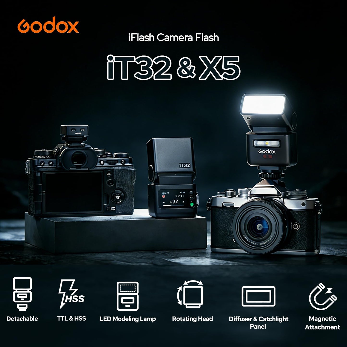 Godox iT32 TTL Camera Flash with X5S Trigger & Diffuser Kit for Sony Cameras, Magnetic Hotshoe & Trigger 2-in-1, Colorful Touch Screen, 2.4G Wireless, HSS 1/8000s, Rotatable Head, LED Modeling Lamp