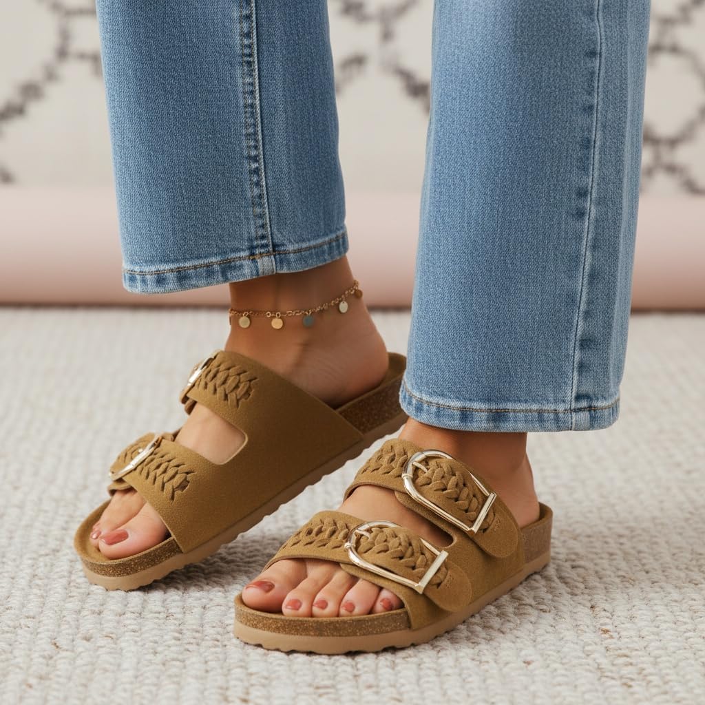 CUSHIONAIRE Cashew Slip On Womens Sandals, Genuine Suede Leather Braided Double Strap Slide On Sandals with Adjustable Big Buckle for Women 2026, Chestnut 7.5