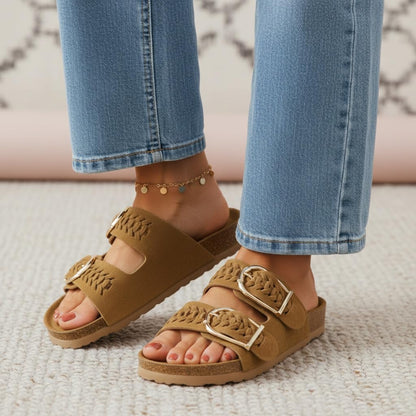 CUSHIONAIRE Cashew Slip On Womens Sandals, Genuine Suede Leather Braided Double Strap Slide On Sandals with Adjustable Big Buckle for Women 2026, Chestnut 7.5