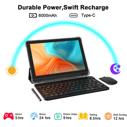 CUPEISI Android 16 Tablet 10 Inch, 20GB RAM+128GB ROM/2TB Expandable, 2.0GHz Octa-core Processor, 1280*800 HD Screen, 5G WiFi6 BT 5.0, 2 in 1 Tablets with Keyboard Case Mouse Stylus, Widevine L1 Black
