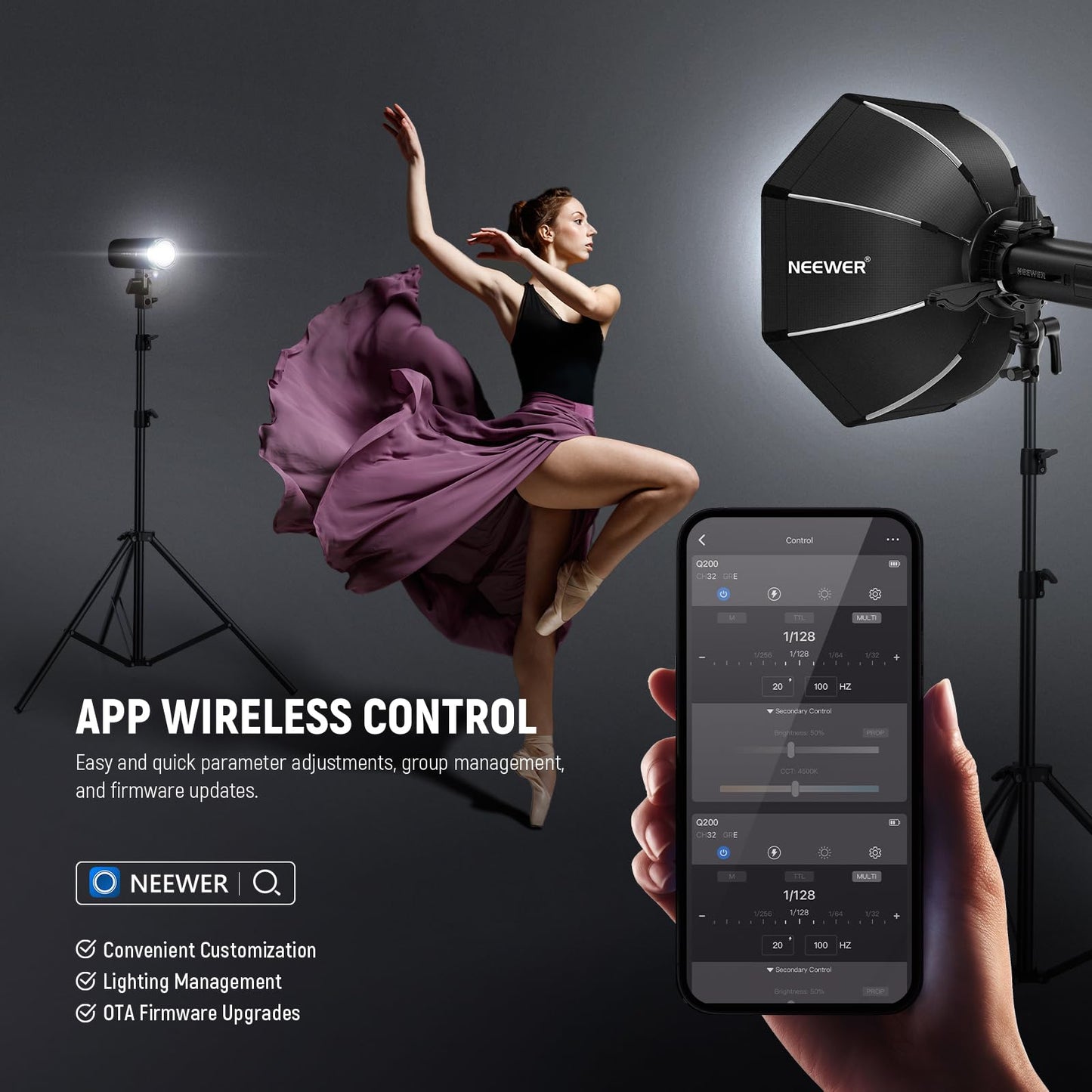 NEEWER Q200 200Ws 2.4G TTL Outdoor Studio Flash Strobe App Control, Compatible with Godox, 1/8000 HSS 3200mAh Battery Photography Monolight 10W Modeling Lamp/750 Full Power Flash/0.01~1.5s Recycle