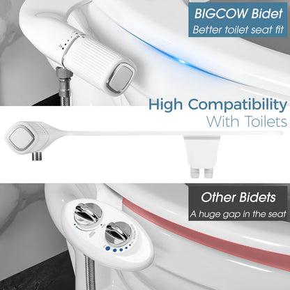 BIGCOW Ultra-Slim Bidet Attachment for Toilet - Dual Nozzle (Frontal & Rear Wash) with Adjustable Cold Water Pressure and Stainless Steel Inlet - Hygienic Solution for Fresh Cleanliness, Silver 1 Pcs