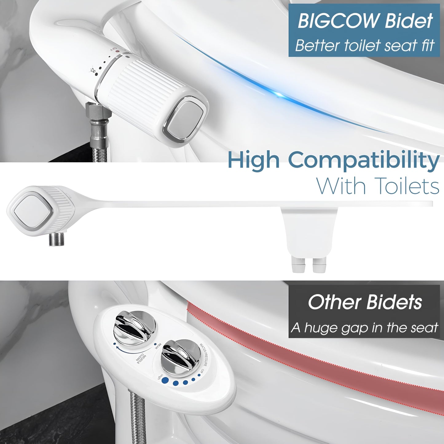 BIGCOW Accesorio de Bidé Ultradelgado para Inodoro (Plateado / 1 Pieza)