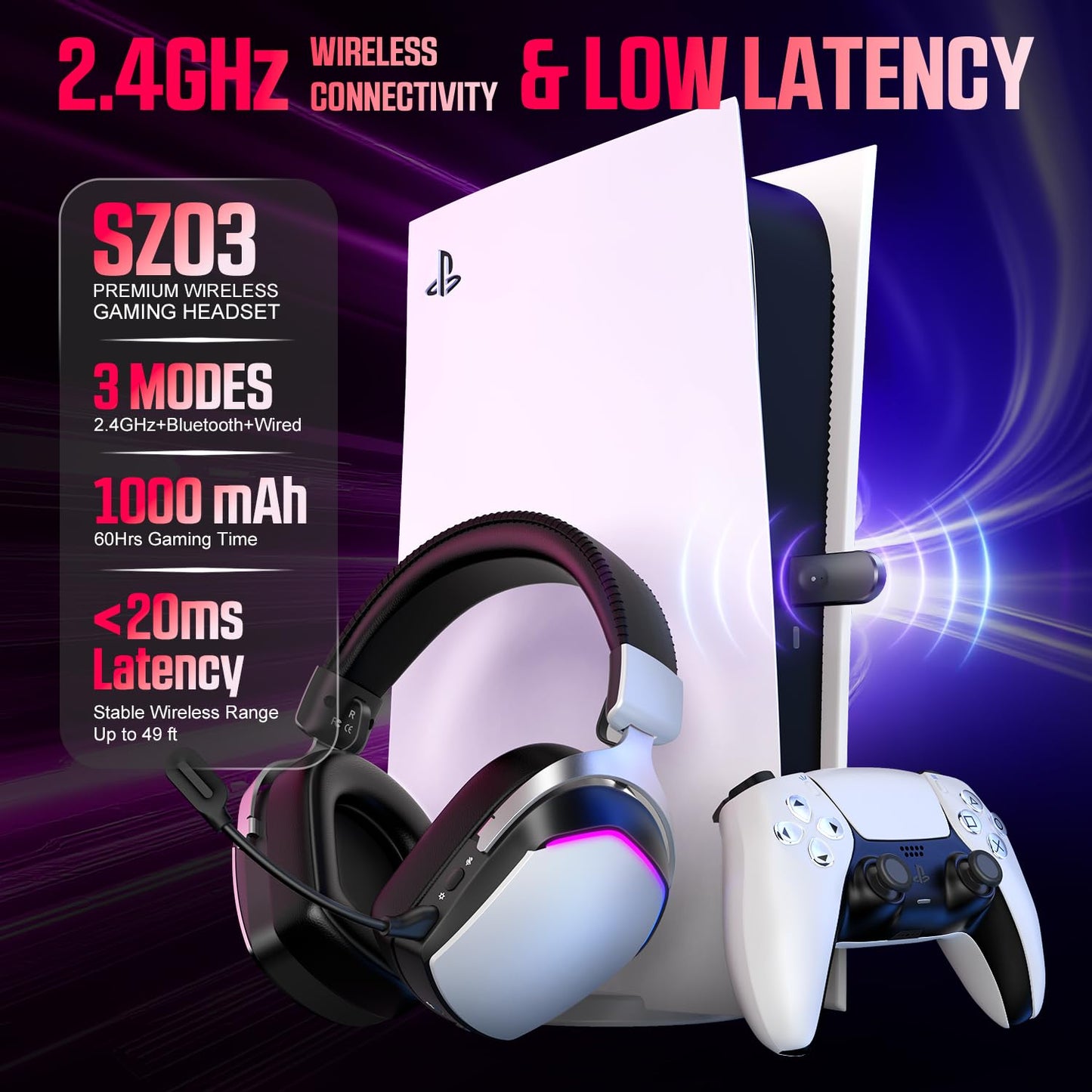 WiseWing Wireless Gaming Headset for PS5 PS4 PC Mac Switch, RGB Headphones with 7.1 Surround Sound, Bluetooth 5.4, 60H Battery, Noise Canceling Mic & 50mm Drivers