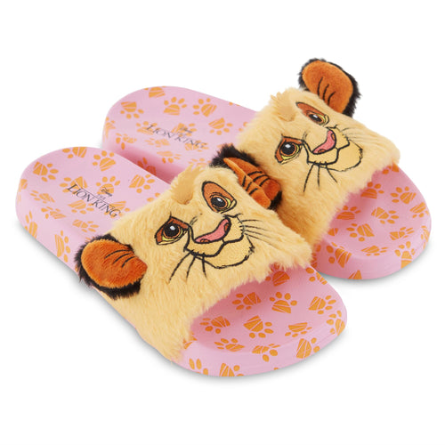 Disney Ladies Lion King Slides Sandals - Ladies Classic Simba Mufasa Timon and Pumba Slide Sandals Classic Lion King Slip On Slides (Pink Gold