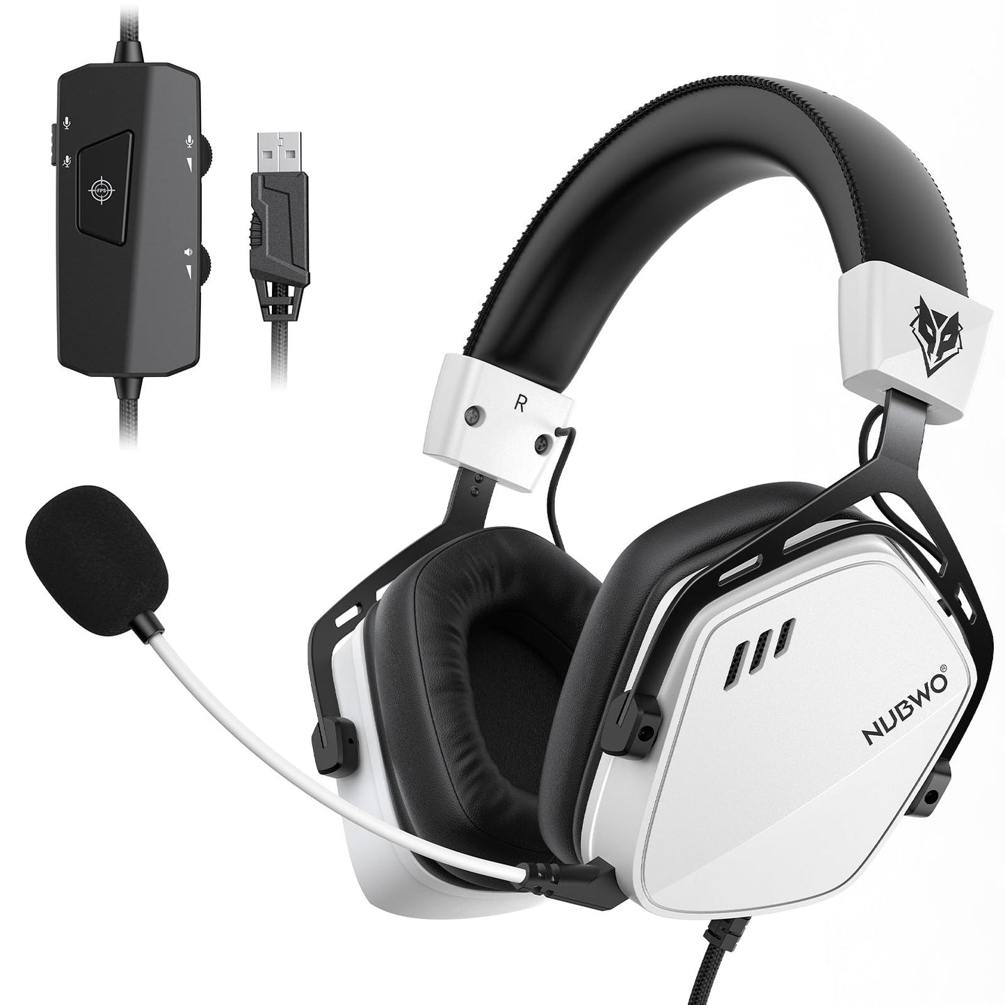 NUBWO HG03 Wired USB-A Gaming Headset for PC, Computer Headset with 7.1 Surround Sound, Noise Canceling Mic, 50MM Driver, Wired Headphones for PC, Laptop, Office - White