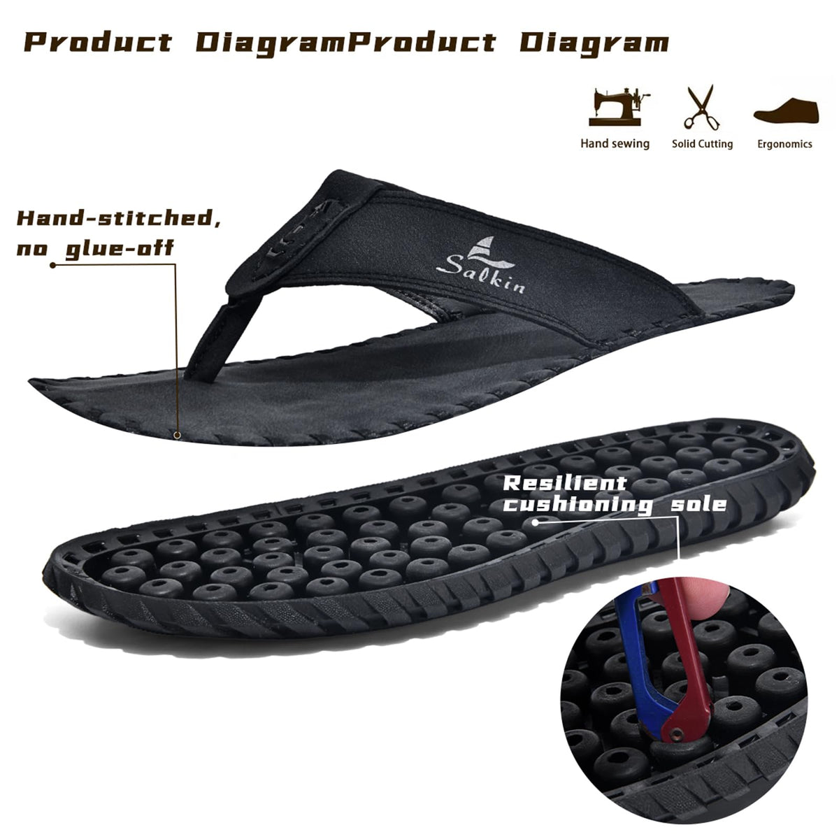 MDIOEP Men's Casual Leather Flip Flops Comfortable Cushion Sole Beach Thongs with Arch Support Home Outdoor Water Resistant Non-Slip Slides Sandals (khaki