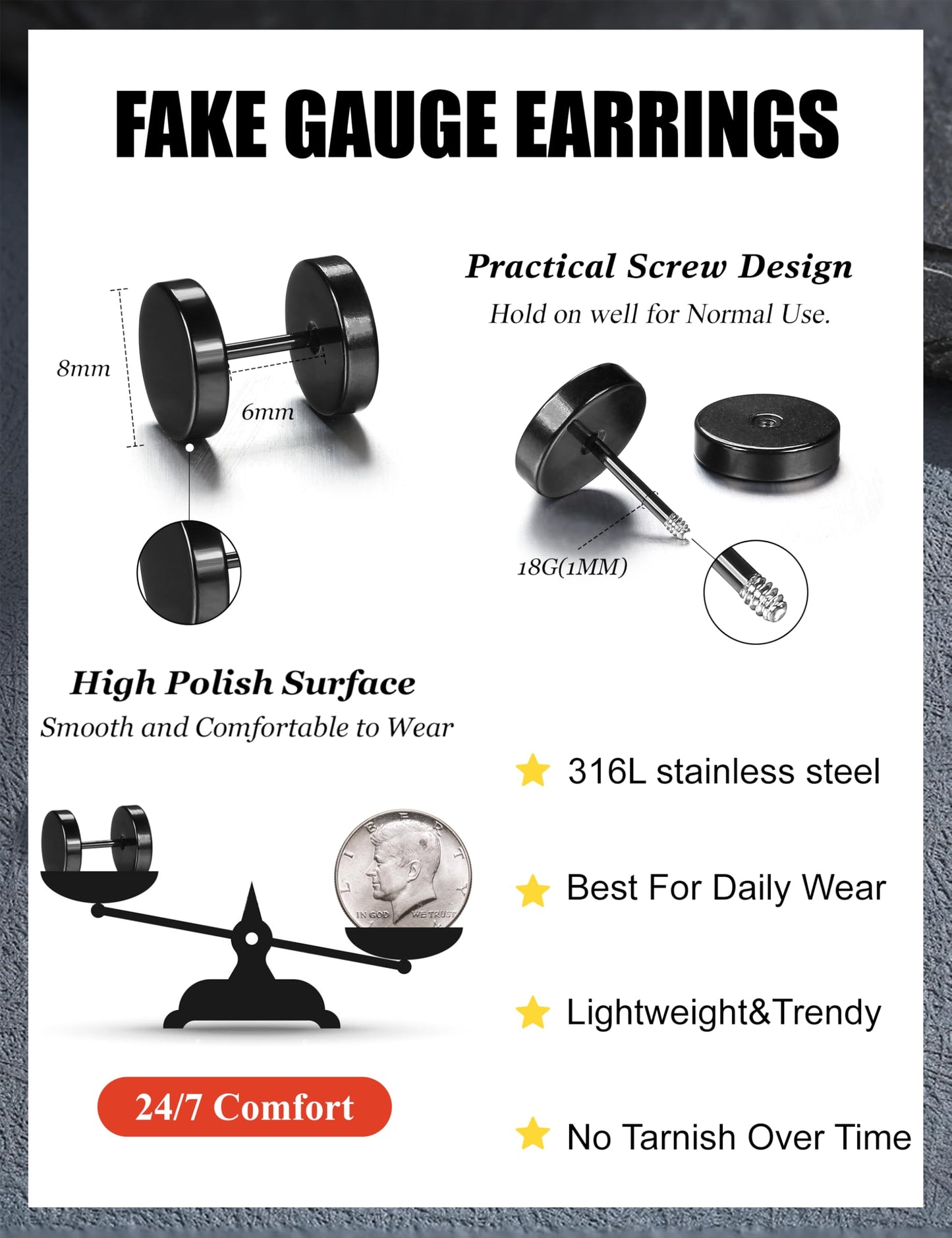 FIBO STEEL Pendientes de Acero Inoxidable (Negro / 6 Pares / 3-8mm)