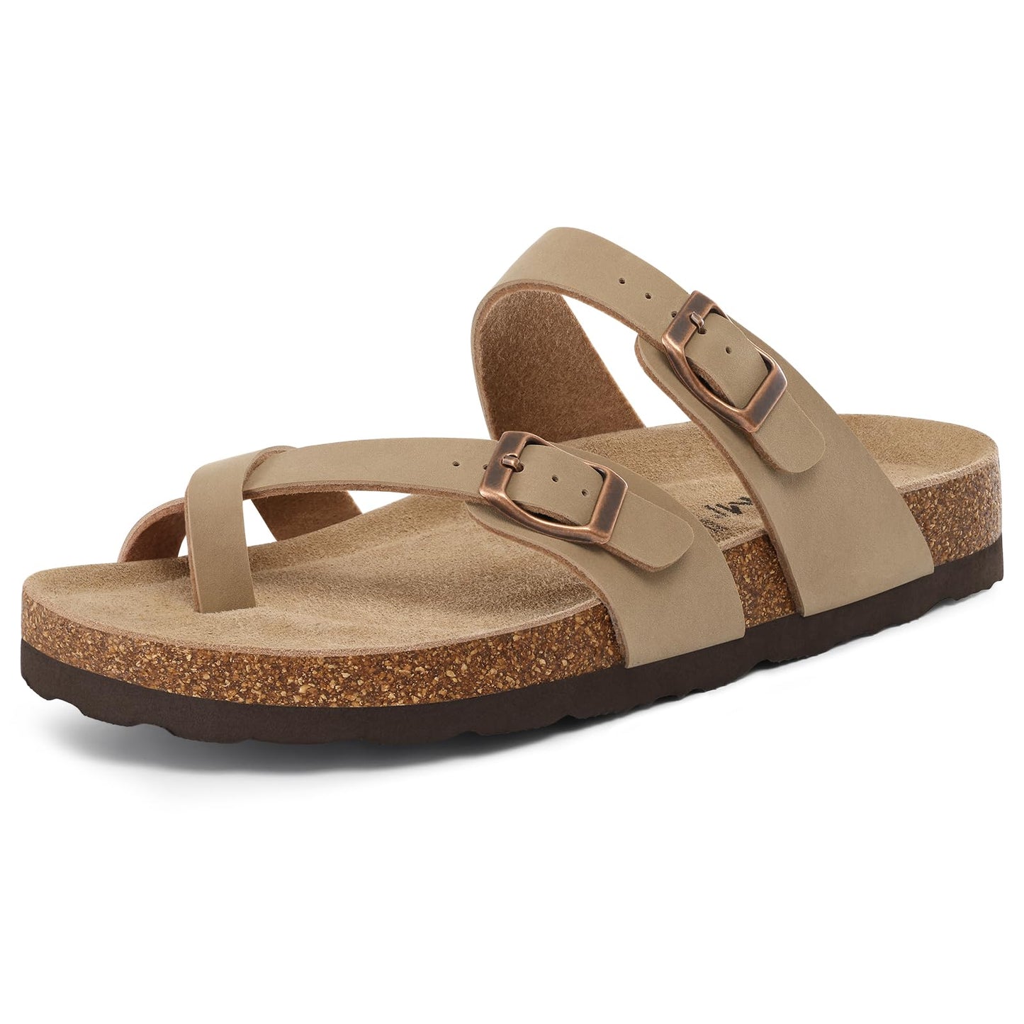 KIDMI Women's Cork Footbed Sandals with Toe Loop, Comfortable Summer Slip-On Slides with Adjustable Buckle, Apricot 37