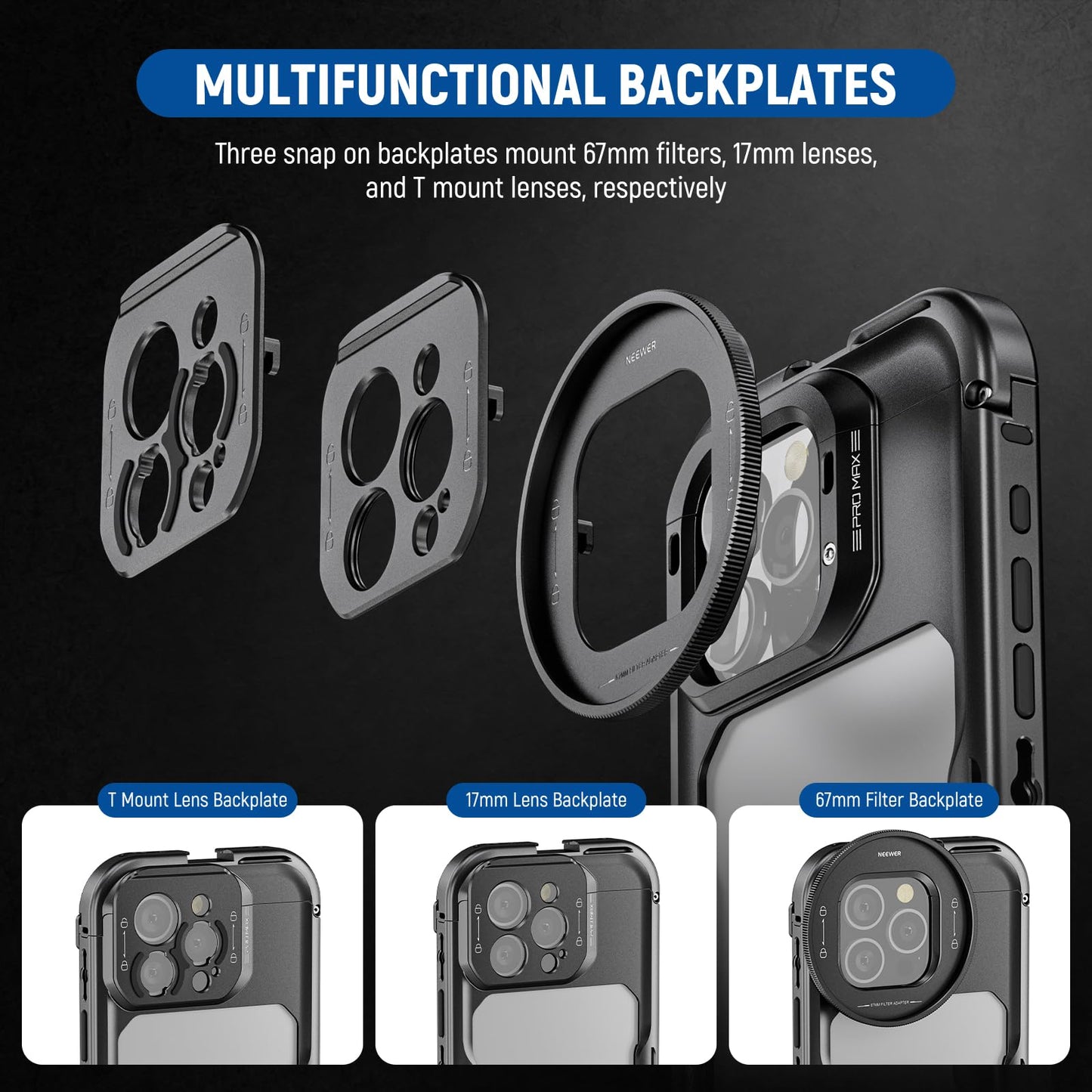NEEWER 16 Pro Max Cage, Quick Release Video Rig Phone Stabilizer Compatible with iPhone 16 Pro Max with 67mm Filter Adapter, 17mm Lens Backplate, T Mount Lens Adapter Compatible with Moment, PA074