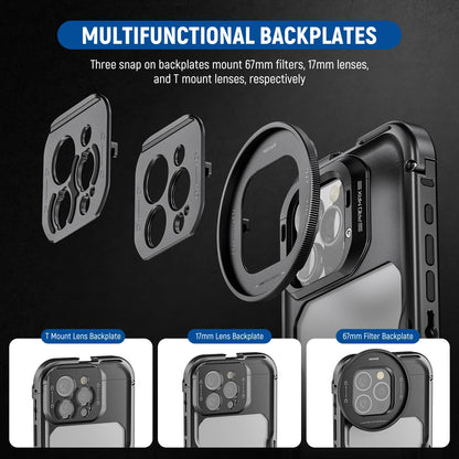 NEEWER 16 Pro Max Cage, Quick Release Video Rig Phone Stabilizer Compatible with iPhone 16 Pro Max with 67mm Filter Adapter, 17mm Lens Backplate, T Mount Lens Adapter Compatible with Moment, PA074