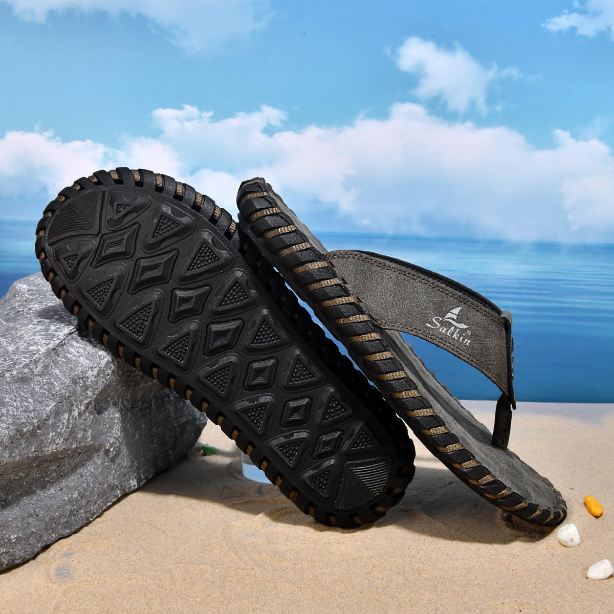 MDIOEP Men's Casual Leather Flip Flops Comfortable Cushion Sole Beach Thongs with Arch Support Home Outdoor Water Resistant Non-Slip Slides Sandals (khaki