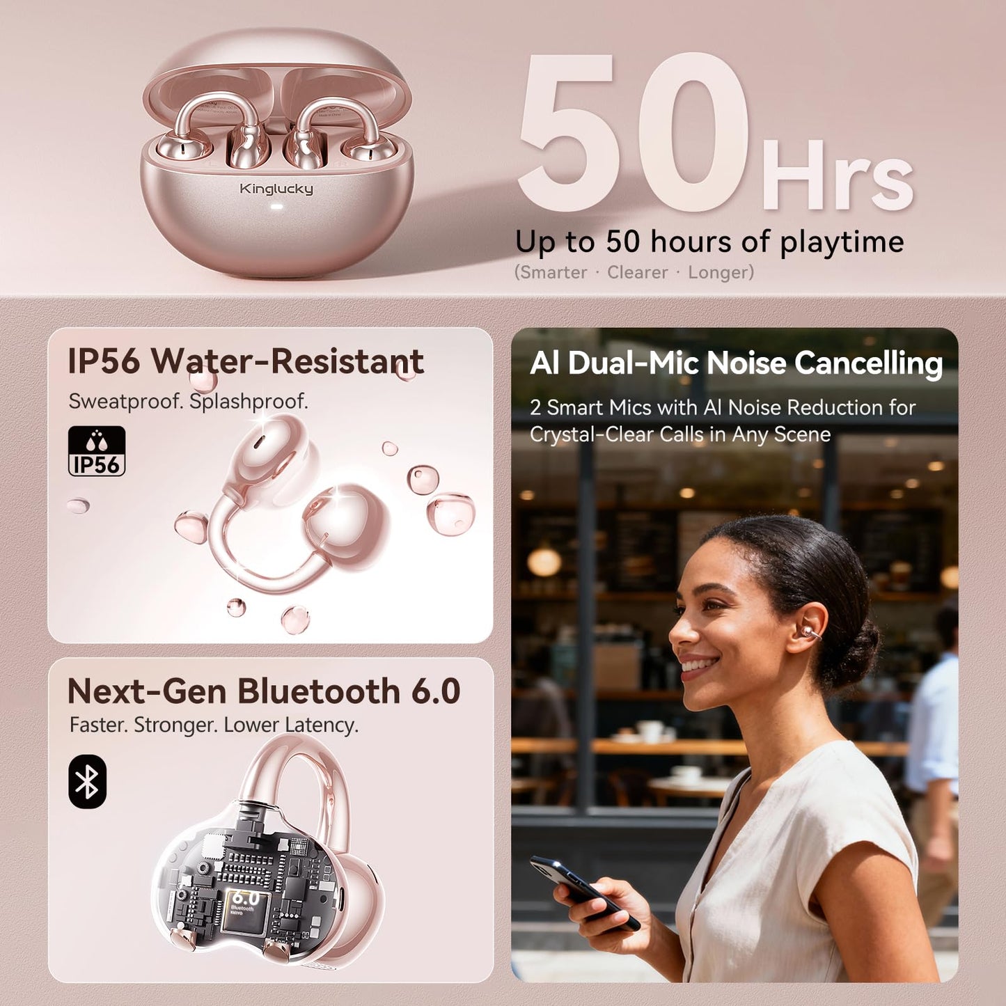 Kinglucky Upgraded Clip-On Earbuds Bluetooth 6.0 Wireless Headphones Open Ear Buds Comfortable Fit & Crystal-Clear Sound, 50H Playtime for Women & Kids Ideal for Small Ears, Sports, Glasses Rose Gold
