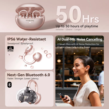 Kinglucky Upgraded Clip-On Earbuds Bluetooth 6.0 Wireless Headphones Open Ear Buds Comfortable Fit & Crystal-Clear Sound, 50H Playtime for Women & Kids Ideal for Small Ears, Sports, Glasses Rose Gold