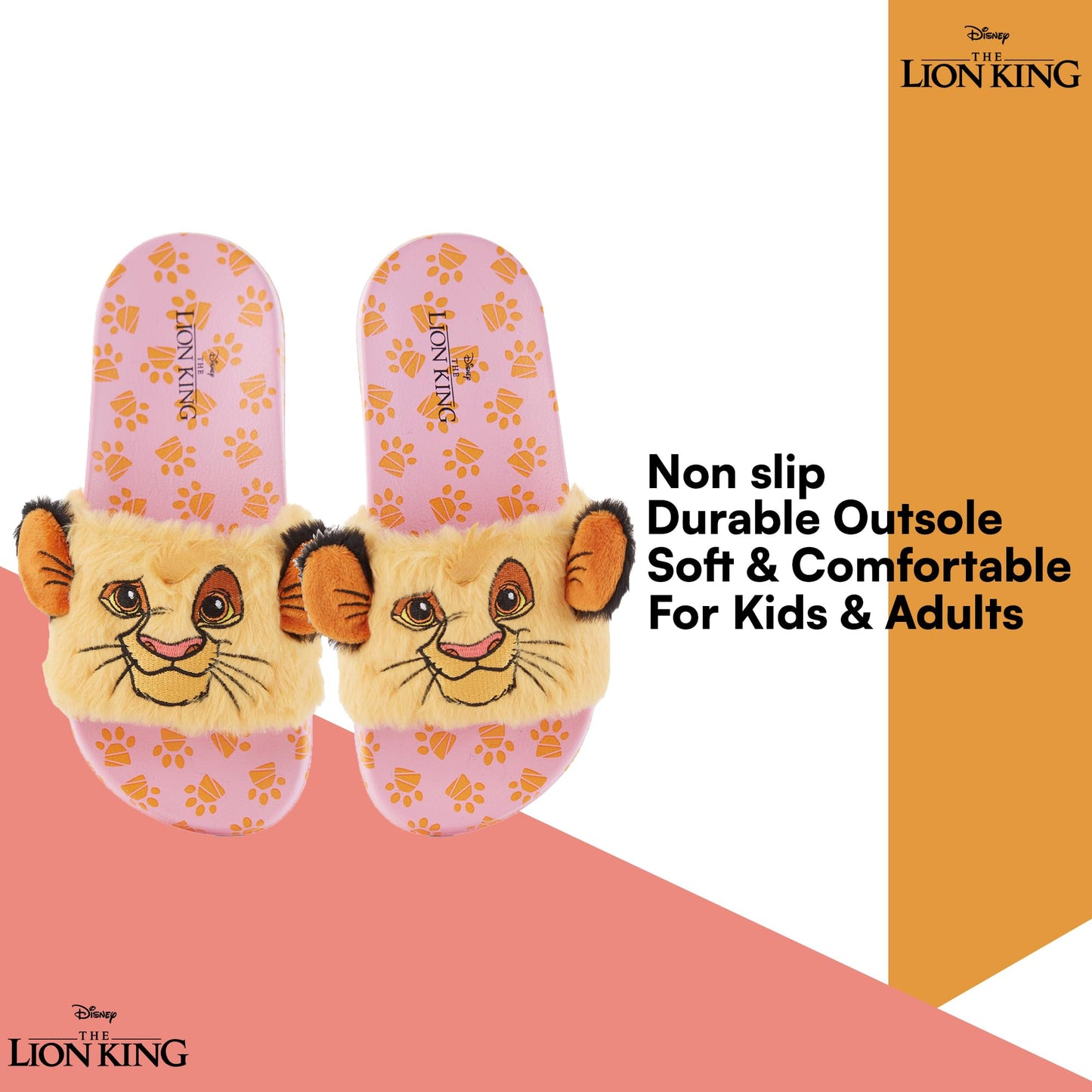 Disney Ladies Lion King Slides Sandals - Ladies Classic Simba Mufasa Timon and Pumba Slide Sandals Classic Lion King Slip On Slides (Pink Gold