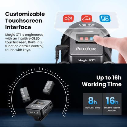 GODOX Magic XT1 Lightning, Wireless Lavalier Microphone, 2.4G Wireless 200m(656ft) Range, 10-Level Volumue,16h Working Time, Touchscreen Noise Cancellation Receiver,for Camera/Android/iPhone 15/PC
