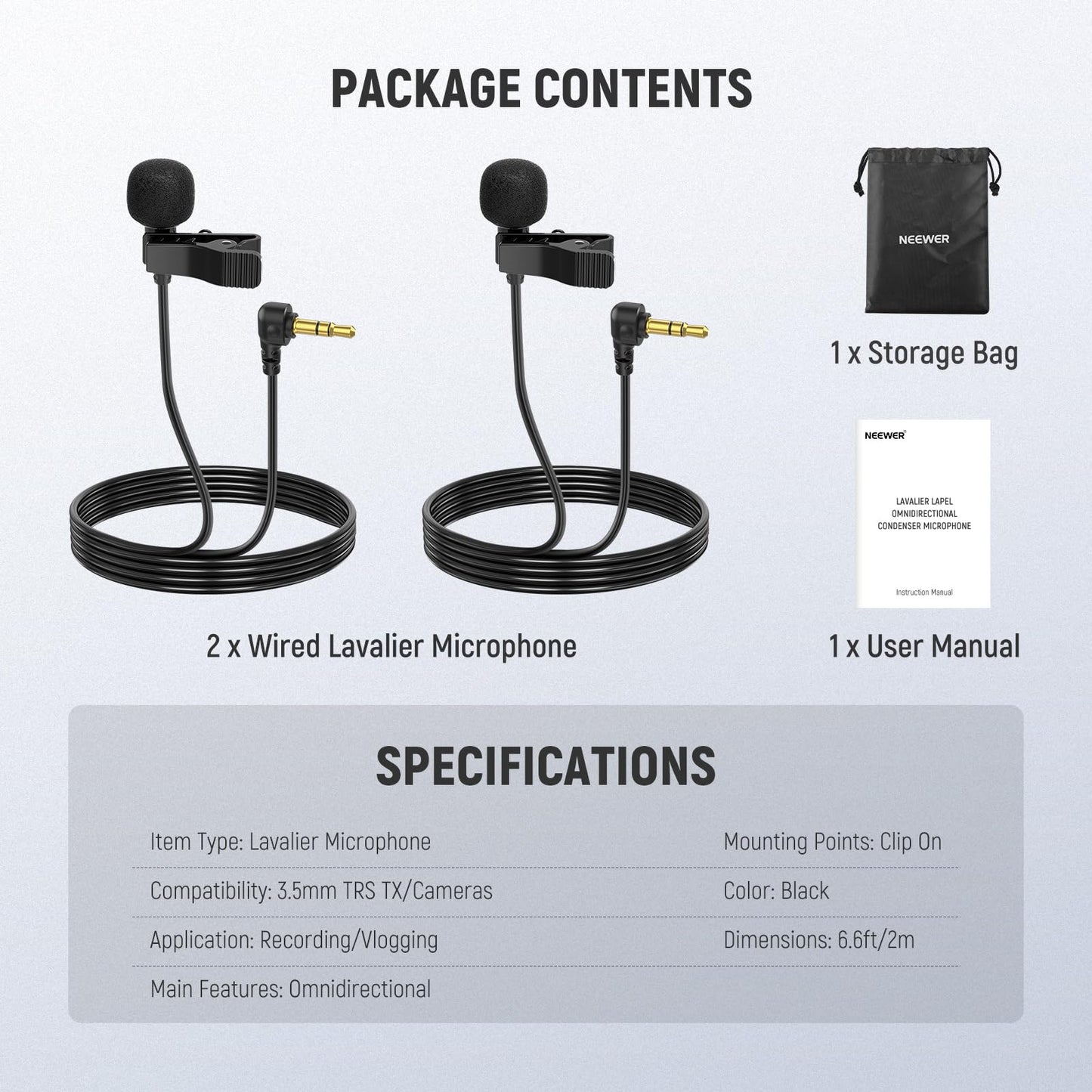 NEEWER Mini Lavalier Microphone (2 Pack), 6.6ft/2m Clip On Wired Condenser Lapel Mic with 3.5mm TRS Plug, Compatible with DJI Mic 2, Rode Wireless Go II, NEEWER CM28 CM31 Camera, LM5