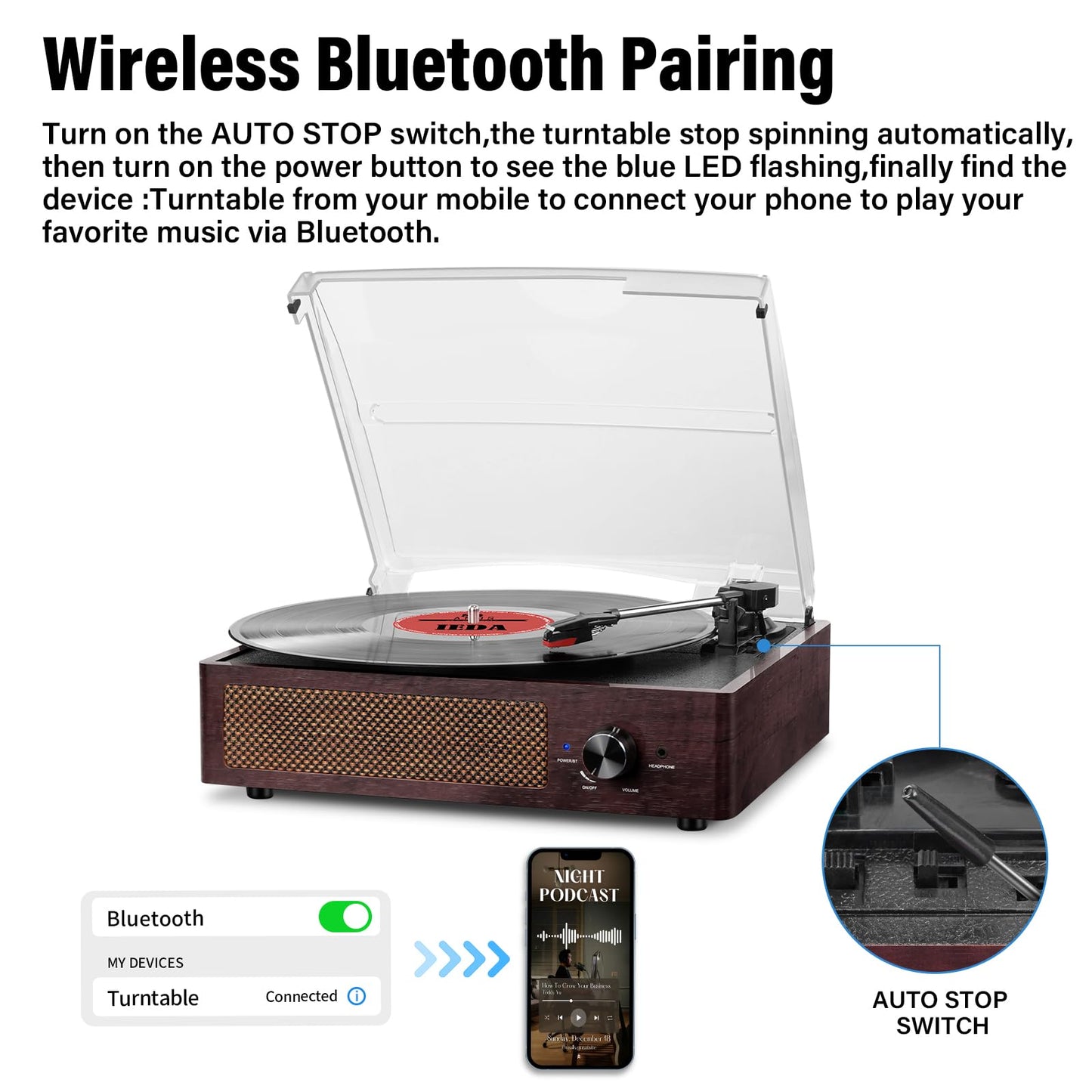 Tocadiscos Reproductor de Vinilos con Bluetooth