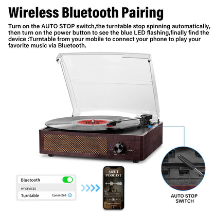 Tocadiscos Reproductor de Vinilos con Bluetooth