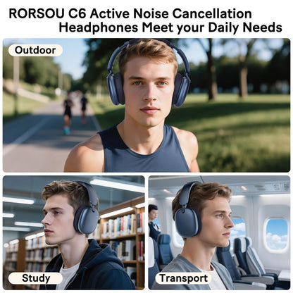 RORSOU C6 Active Noise Cancelling Headphones, Wireless Over Ear Bluetooth Headphones, 60H Playtime, Lightweight Folding Deep Bass Comfort Fit Ear Cups Headset with Mic for iPad/Travel/PC/Home Blue