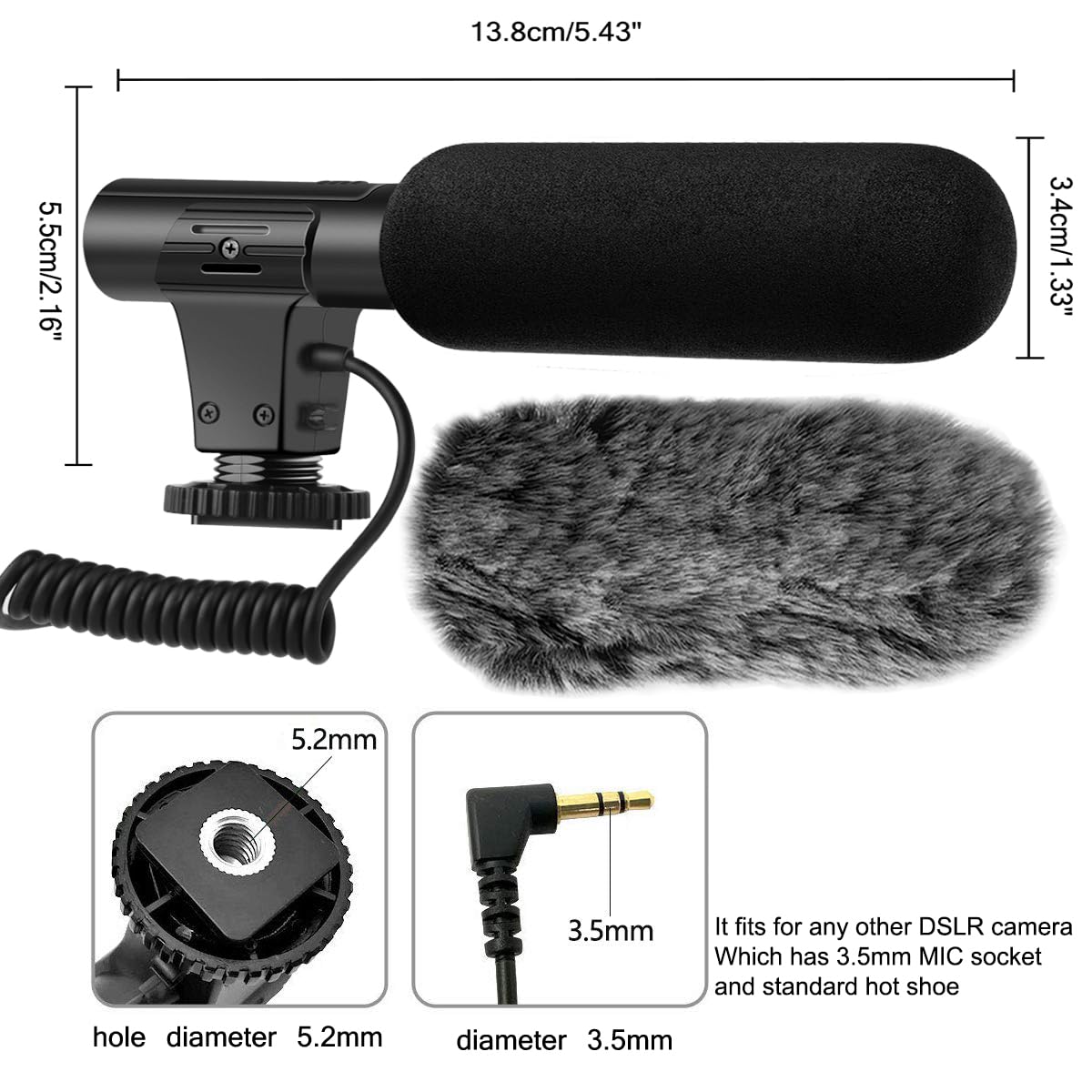 tikysky Camera Microphone, Video Microphone for DSLR Close Interview Shotgun Mic for Canon Nikon Sony Fuji Mic with Windscreen, Compatible with Camera with 3.5mm (1/8") TRS Plug
