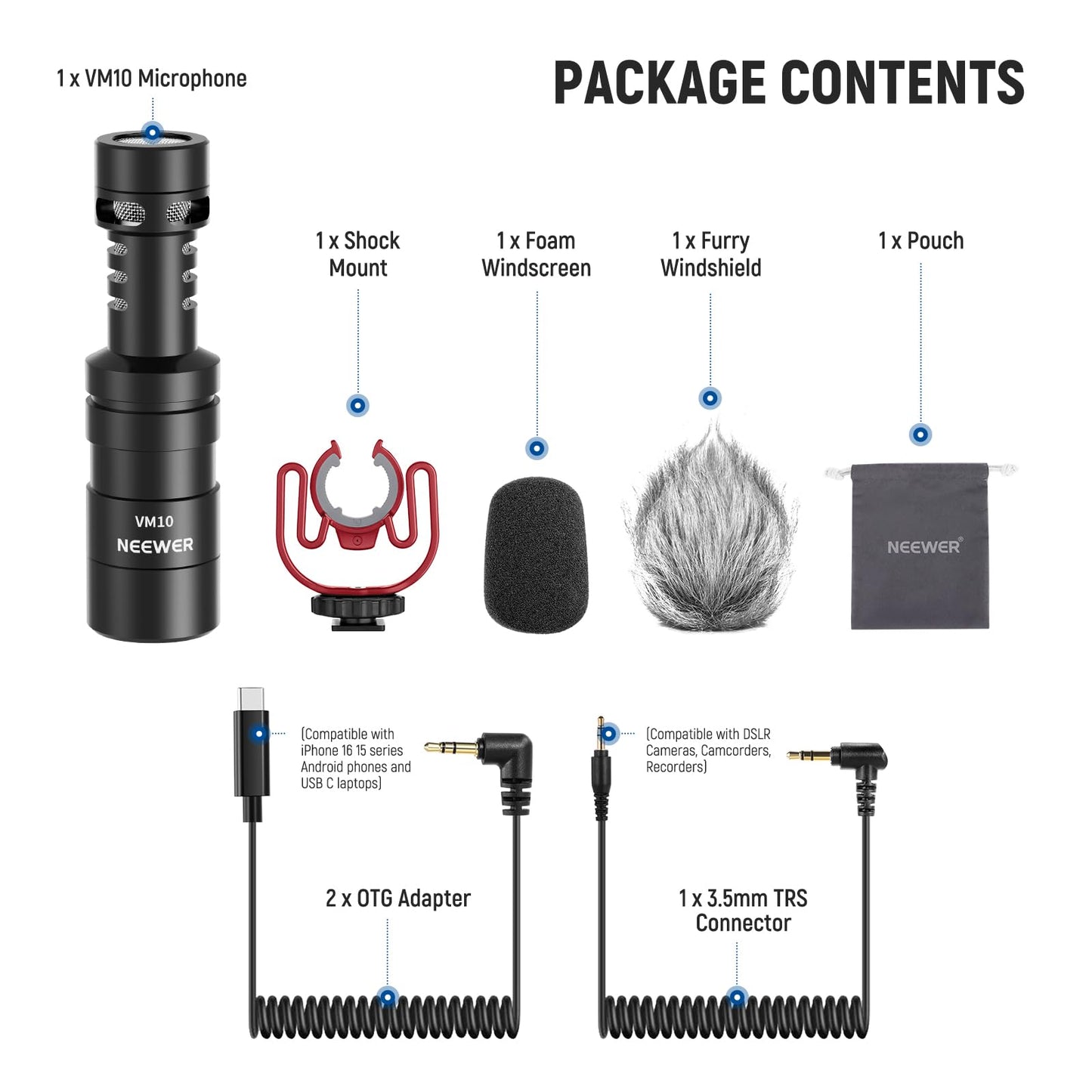 NEEWER Plug & Play Vlog Microphone for Camera, 20-20KHz Mini Supercardioid Mic Compatible with Sony Canon Nikon iPhone Samsung Android Tablet Mac with 3.5mm TRS USB C OTG Shock Mount Windscreen, VM10