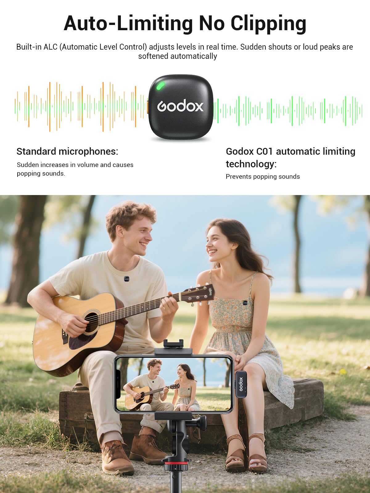 GODOX C01 KIT2 Wireless Microphone, 48kHz/24-bit Professional Lavalier Mic 60W Fast Charging Mini Microphones 7g Ultralight,54H,Noise Reduction,200M Low Latency (2TX+1RX+USB-C+Charging Case)
