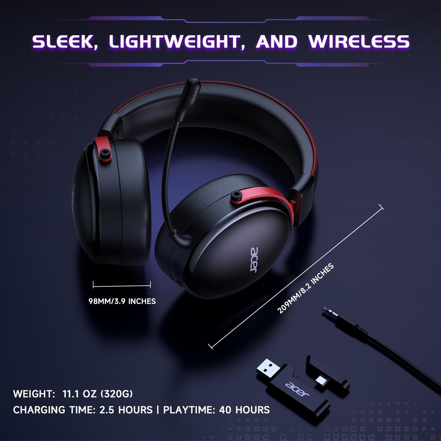 Acer 2.4GHz Wireless Gaming Headsets for PS5, PS4, PC, Switch, Tri-Mode Bluetooth Gaming Headset with Mic, Stereo Sound, 40+Hr Battery, 50mm Drivers - Black