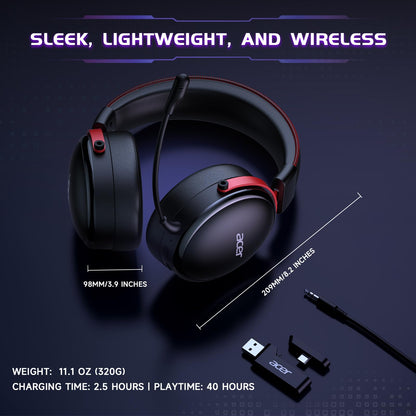 Acer 2.4GHz Wireless Gaming Headsets for PS5, PS4, PC, Switch, Tri-Mode Bluetooth Gaming Headset with Mic, Stereo Sound, 40+Hr Battery, 50mm Drivers - Black
