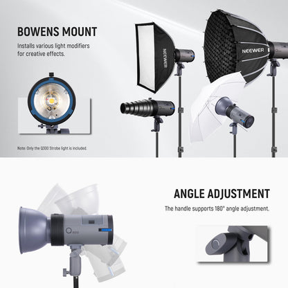 NEEWER Q300 300Ws 2.4G Outdoor Studio Flash with Q Compact Wireless Trigger, 7800mAh Li ion Battery Powered Strobe Light Photography Cordless Monolight with 1000 Full Power Flash 0.4-2.5s Recycle