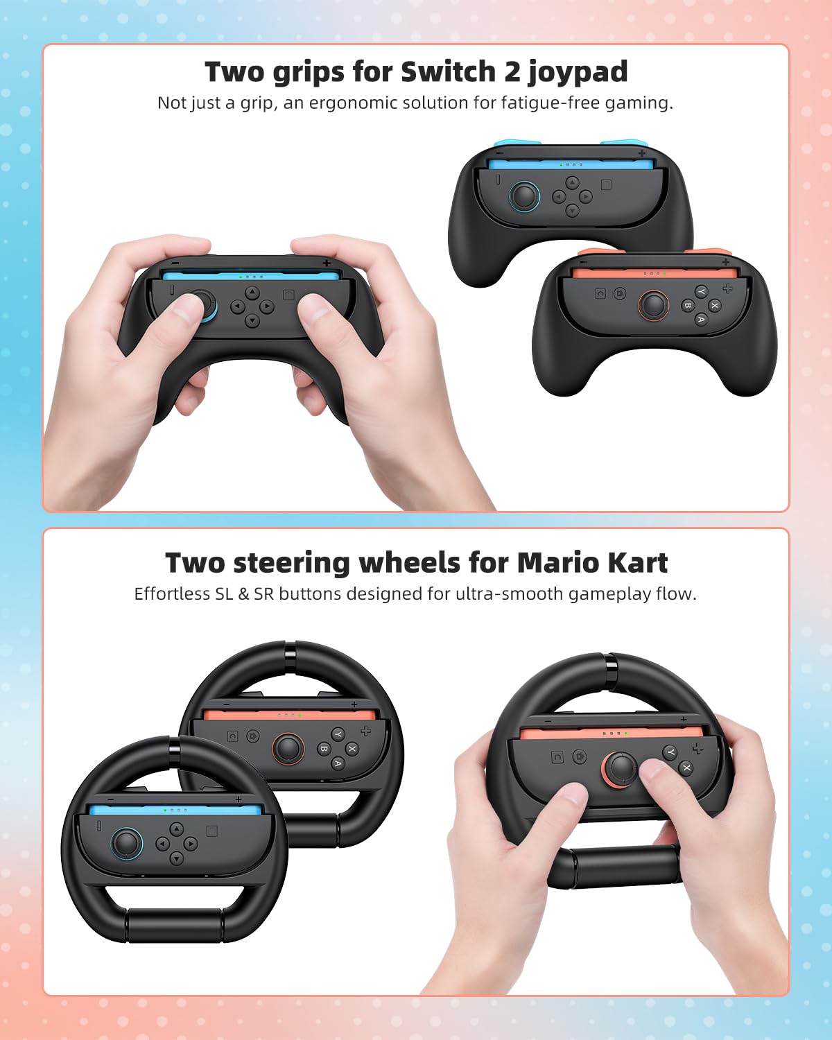 Pro Controller Accessories Bundle for Nintendo Switch 2, MENEEA 21-in-1 Kits: Wireless Controllers,Carrying Case,Controller Charger Dock,Grips for Joy Con,Steering Wheels for Mario Kart,Protective Cover for Switch 2 for Sega Master System Games