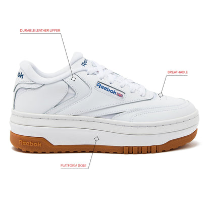 Reebok Club C Extra Platform Sneakers for Women, White Casual Tennis Women's Fashion Sneakers, Womens Shoes, FTWR White/FTWR White/Vector Blue