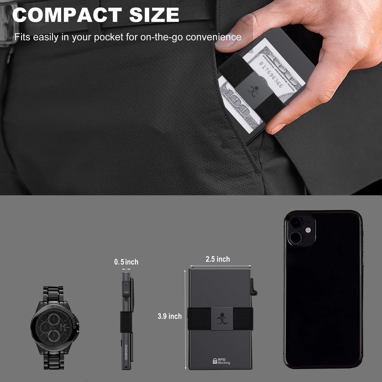 SEMORID Billetera Tarjetero Delgada de Aluminio para Hombre (Negro)
