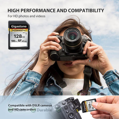 【5-Years Data Recovery】 GIGASTONE 128GB SD Card, 4K Camera Pro, A1 V30 SDXC Memory Card 4K UHD Video Compatible with Canon Digital Camera, with 1 Mini Case