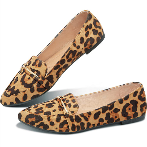 Obtaom Women's Pointy Toe Loafer Flat Comfortable Faux Suede Work Shoes, Cute Penny Loafer Slip On Ballet Flat(Leopard Print, US9)