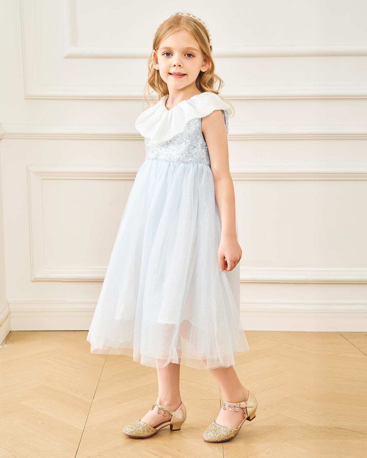 Stelle Sandalias de Tacón Alto con Lentejuelas para Niñas (Talla 2ML / T20-Gold2)