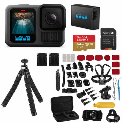 GoPro HERO13 Black Waterproof Action Camera with 5.3K60 Video, 27MP Photos, Enduro 1900mAh Battery, 64GB SanDisk microSD Card, 47-Piece Accessory Kit, 1-Year Warranty
