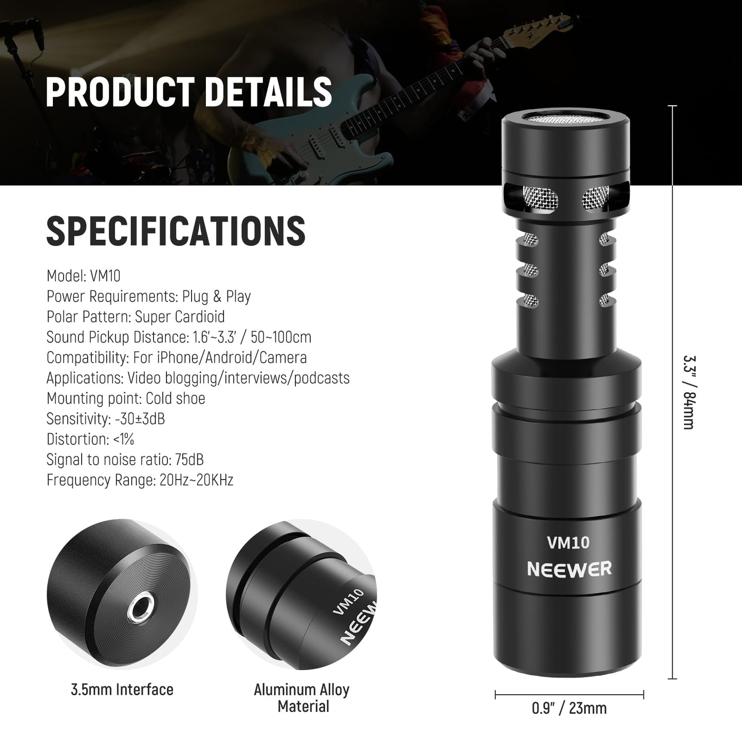 NEEWER Plug & Play Vlog Microphone for Camera, 20-20KHz Mini Supercardioid Mic Compatible with Sony Canon Nikon iPhone Samsung Android Tablet Mac with 3.5mm TRS USB C OTG Shock Mount Windscreen, VM10