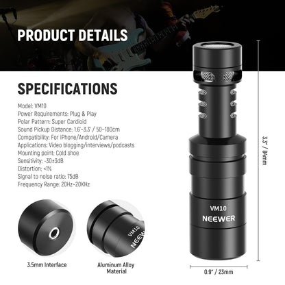 NEEWER Plug & Play Vlog Microphone for Camera, 20-20KHz Mini Supercardioid Mic Compatible with Sony Canon Nikon iPhone Samsung Android Tablet Mac with 3.5mm TRS USB C OTG Shock Mount Windscreen, VM10