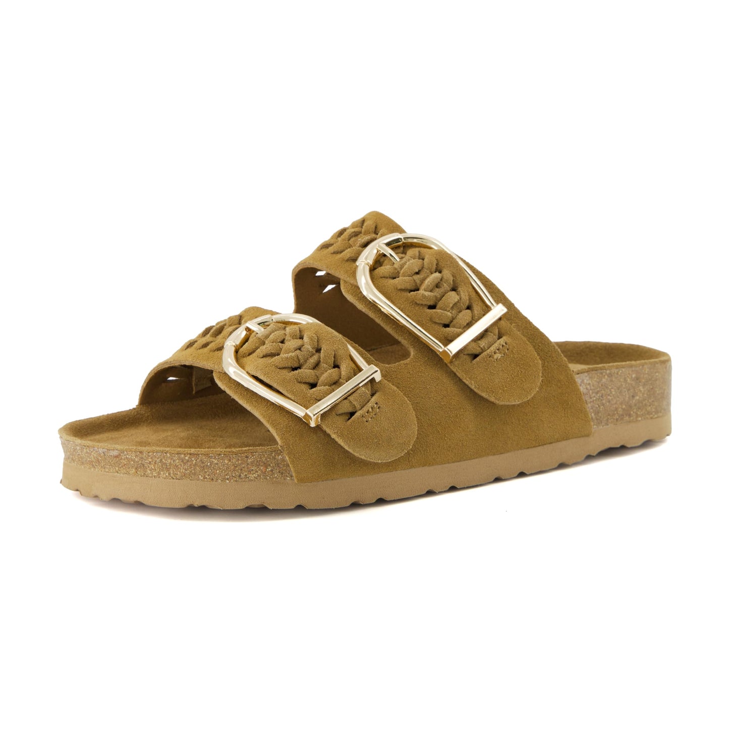 CUSHIONAIRE Cashew Slip On Womens Sandals, Genuine Suede Leather Braided Double Strap Slide On Sandals with Adjustable Big Buckle for Women 2026, Chestnut 7.5