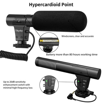 tikysky Camera Microphone, Video Microphone for DSLR Close Interview Shotgun Mic for Canon Nikon Sony Fuji Mic with Windscreen, Compatible with Camera with 3.5mm (1/8") TRS Plug