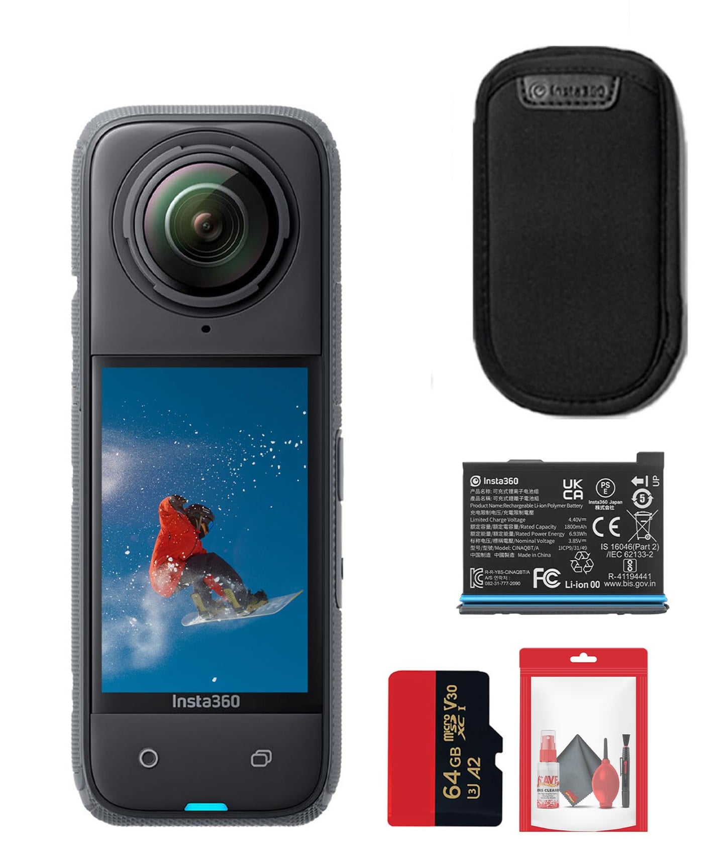 Insta360 X4 - Waterproof 360 8K Action Camera with 48MP Sensors, 5.7K 360 Video, 72MP 360 Photo, AI Editing, for Sports, Travel, Outdoors + 64GB Card + Cleaning Kit