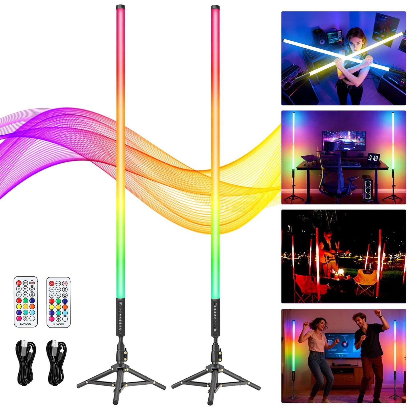 2 Pack 4ft RGB Tube Light with Stand, 5000mAh Battery Light Tube, 500 Lighting Modes, 2.4G Remote, Dimmable Neon LED Video Light Bar for Photography Studio DJ Party Wedding Stage Lighting