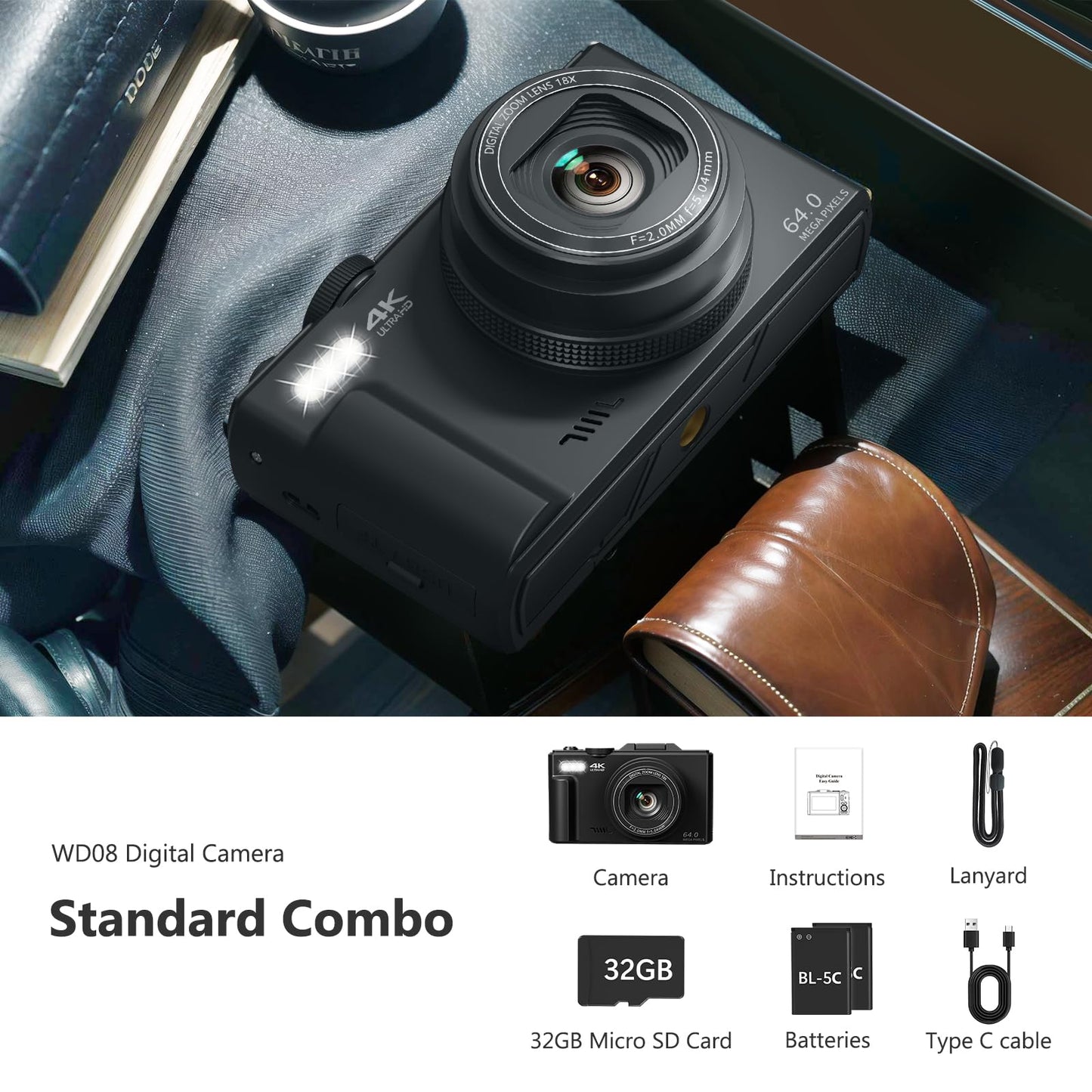 Cámara Digital 4K para Fotografía y Vlogging (32GB / Negro)