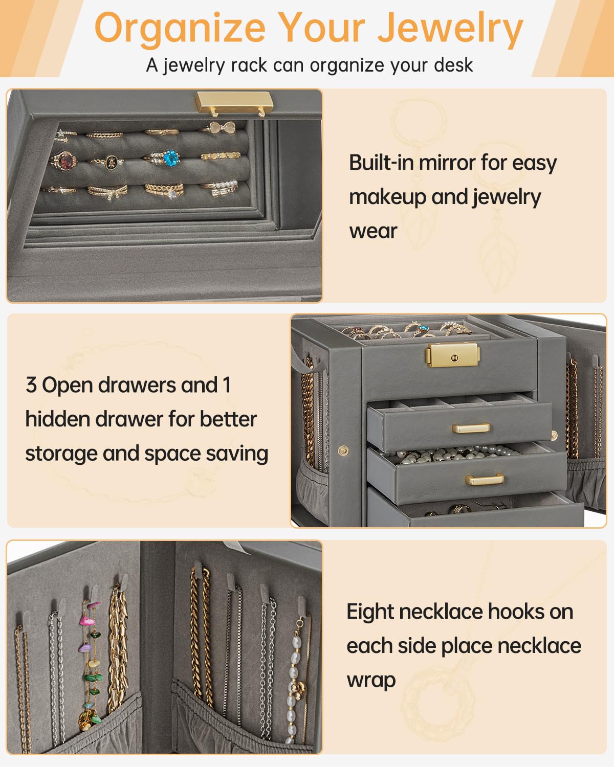 AKOZLIN Caja Organizadora de Joyas de Cuero de 4 Niveles (Gris Oscuro)