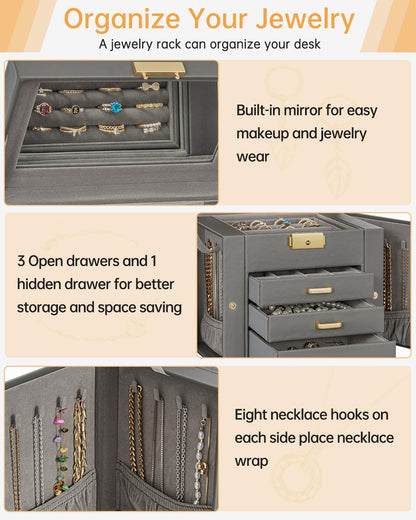AKOZLIN Caja Organizadora de Joyas de Cuero de 4 Niveles (Gris Oscuro)