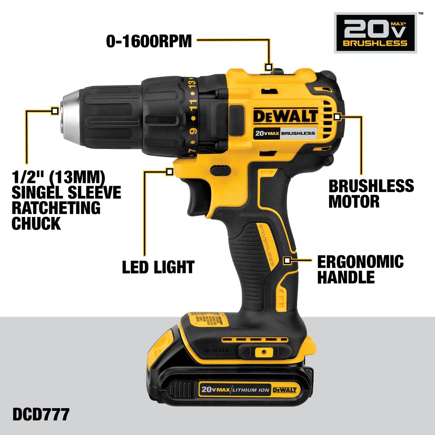 DEWALT Kit de Taladro Atornillador Inalámbrico 20V MAX (2.0 Ah / Modelo DCD777D1)